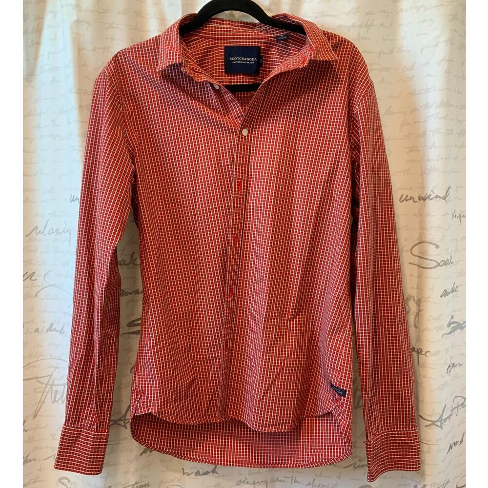 Scotch & Soda Men's Large Red White Plaid Long Sleeve Button Up Shirt
